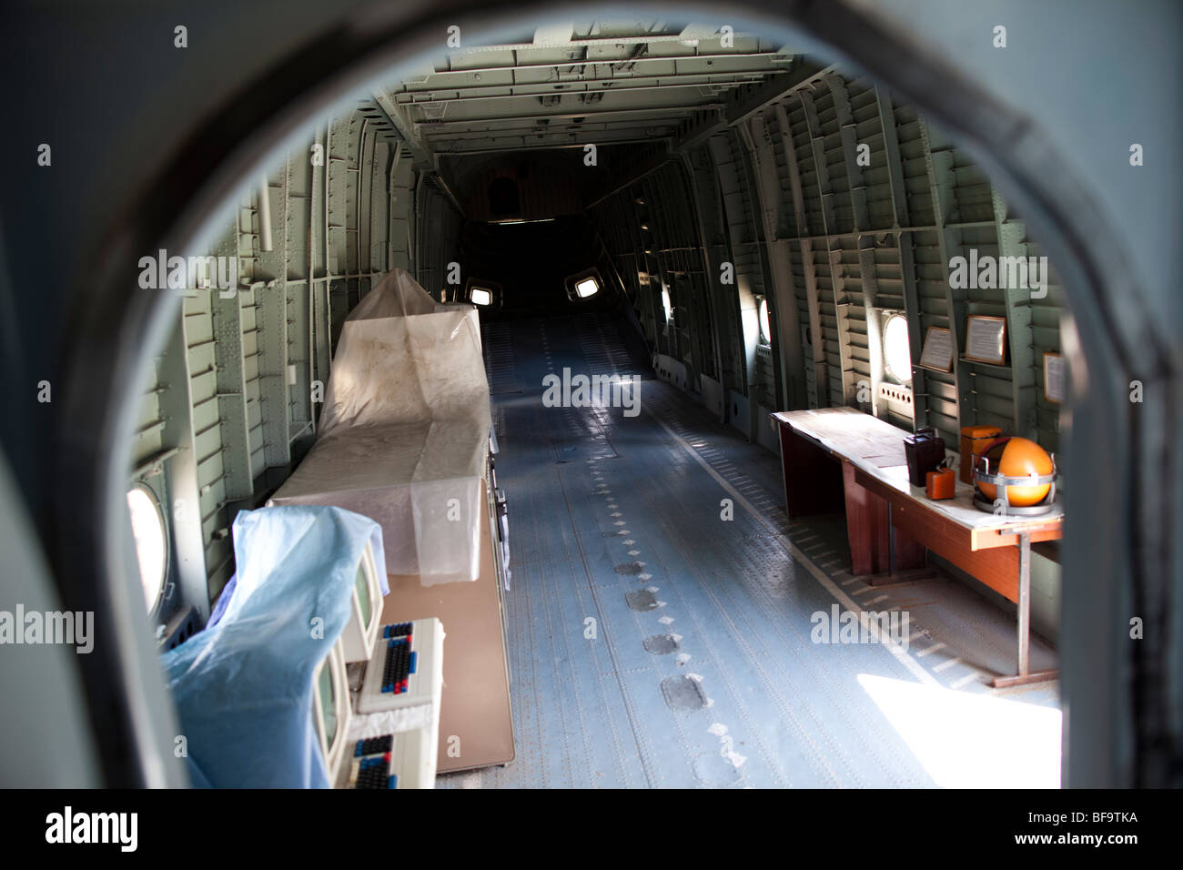 Interior space of the cargo helicopter Mi-26 (Halo Heavy Transport Helicopter), Ukrainian aviation museum in Kiev-Zhulyany. Stock Photo