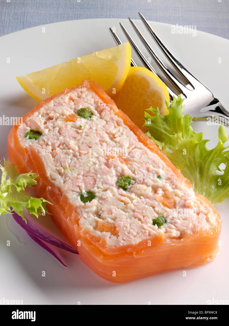 A slice of salmon terrine individual portion Stock Photo - Alamy
