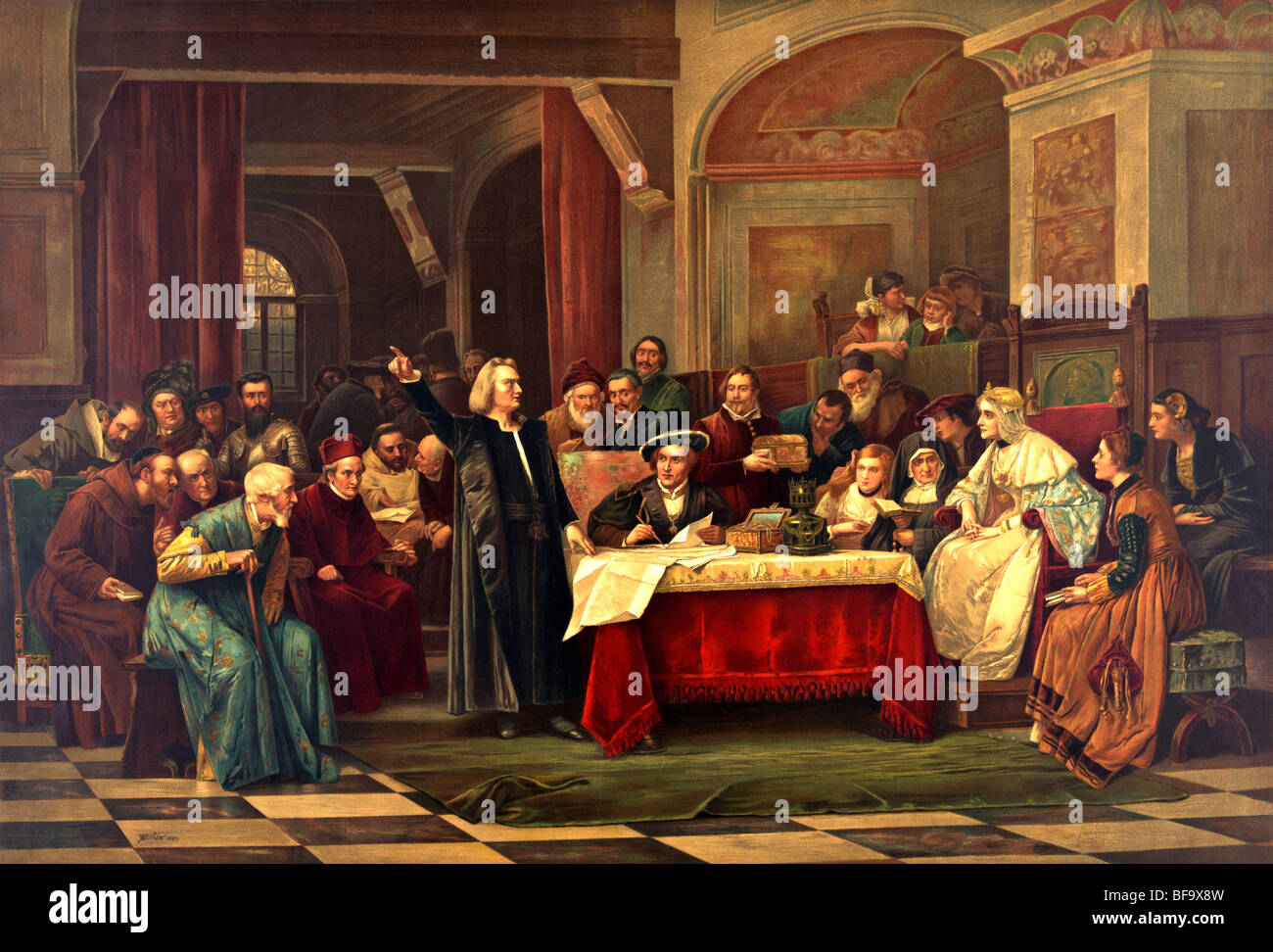 Print c1884 showing Christopher Columbus seeking financial backing from Ferdinand and Isabella at the Royal Court of Spain. Stock Photo