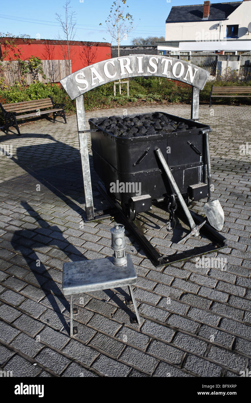 Nameplate and memorial to the mining heritage of Sacriston in Co. Durham, England, UK Stock Photo