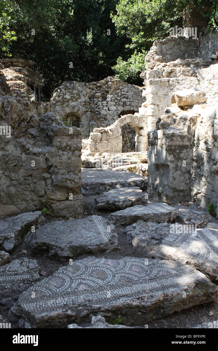 Roman mosaic floor of 2 storey building, Northern necropolis, Olympos, Turkey Stock Photo