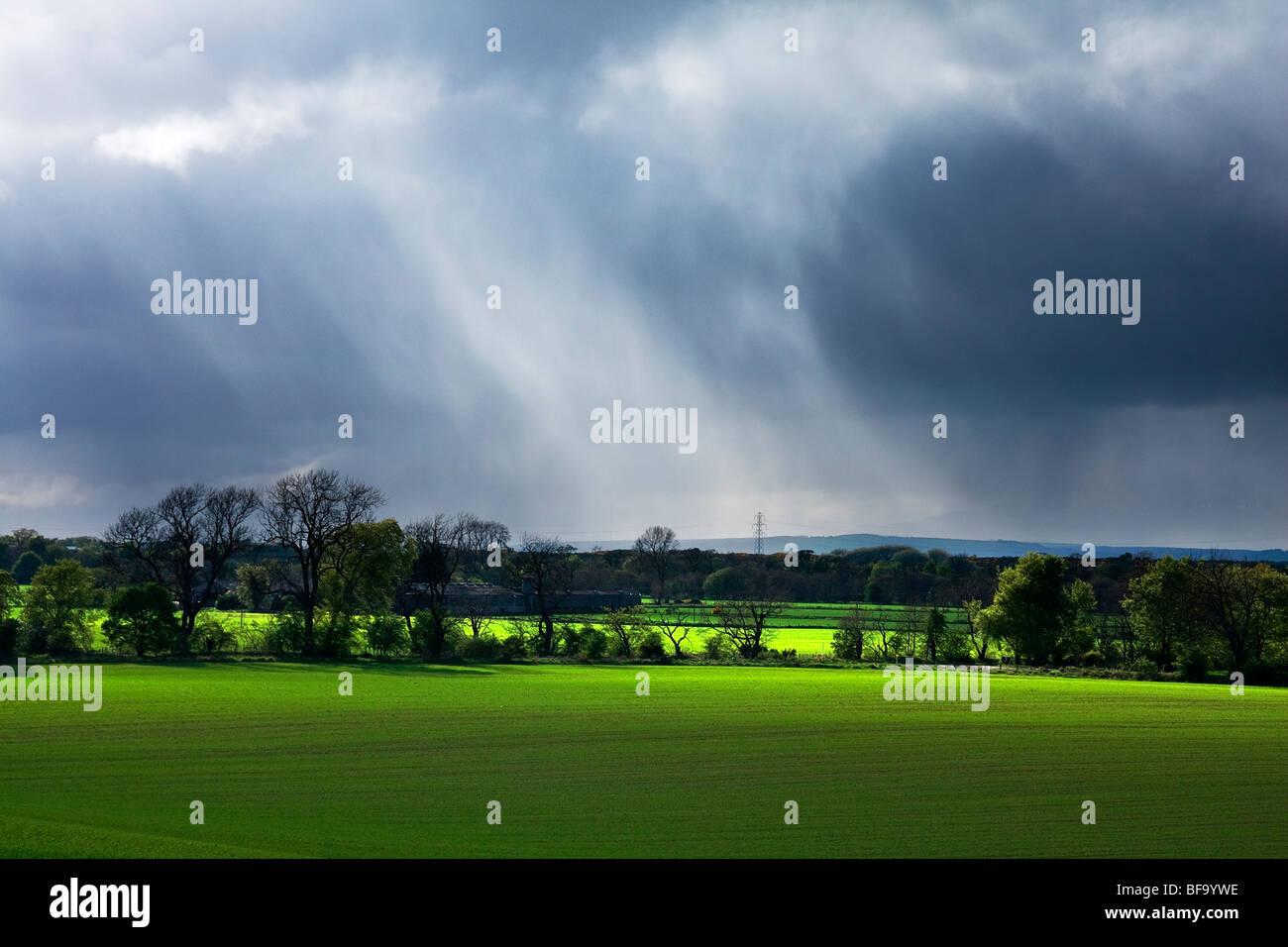 Rainfall and rural landscape, near Croy, Highlands, Scotland Stock Photo