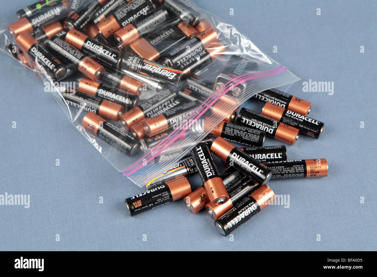 A plastic bag of used AA batteries ready for recycling. The batteries