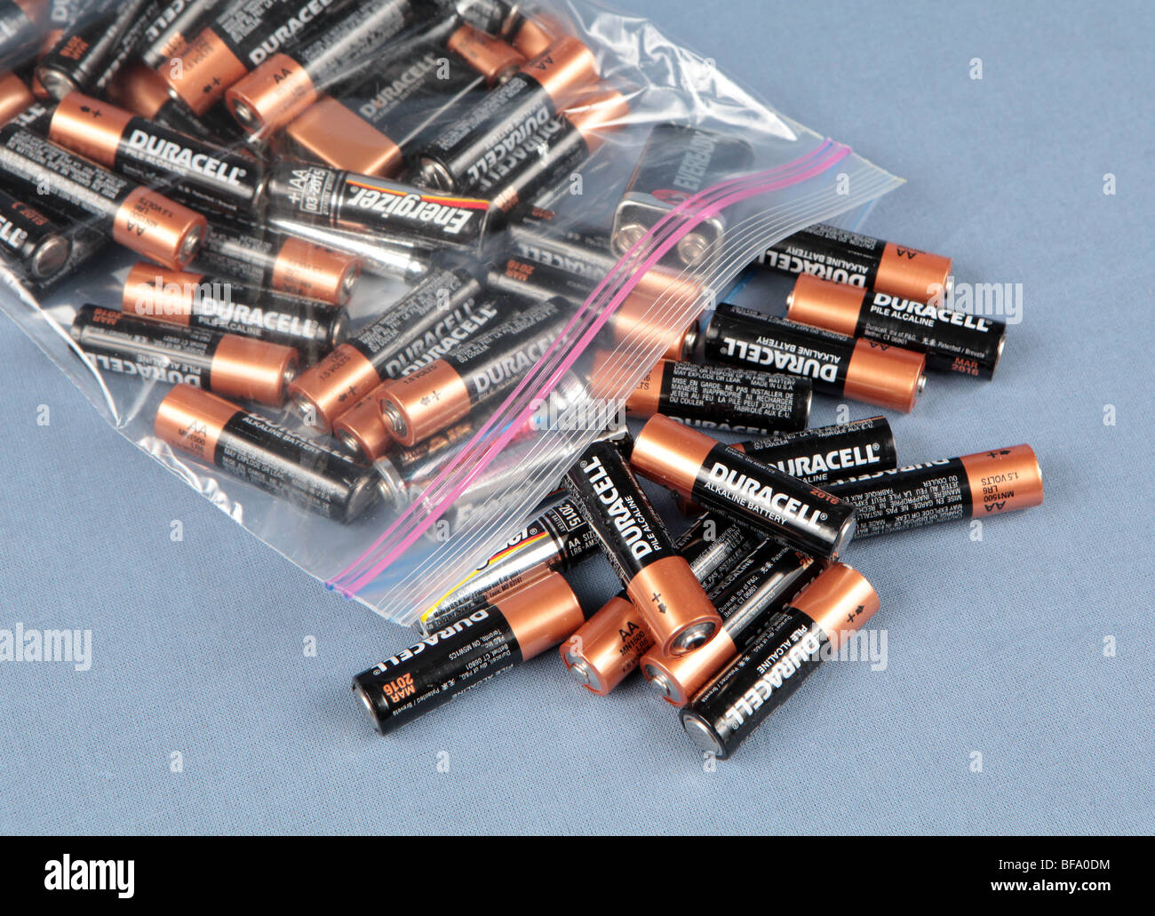 A plastic bag of used AA batteries ready for recycling. The batteries