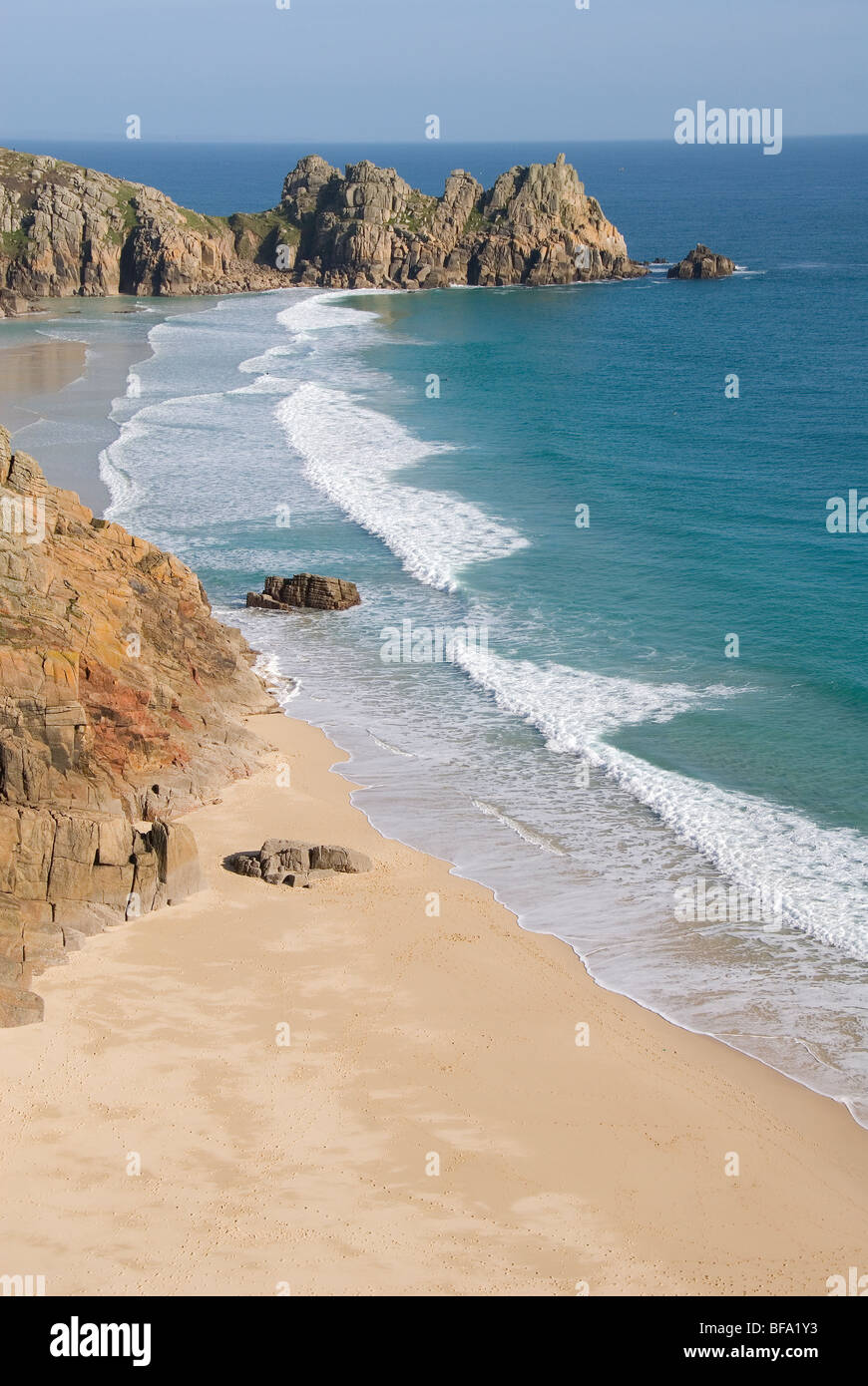 Porthcurno Beach, Pedn Vounder Beach, Logan Rock, South Coast, Cornwall, England, United Kingdom, Europe Stock Photo