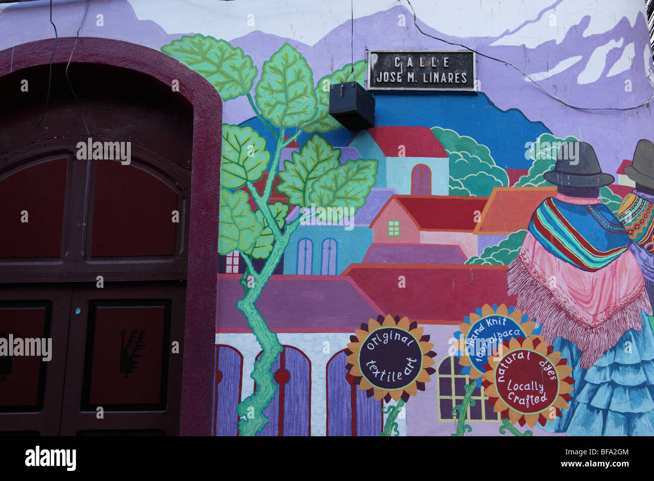 Mural on wall of handicraft shop in tourist area, Calle Linares, La Paz, Bolivia Stock Photo