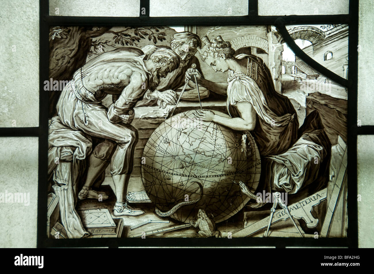 Museum Haarlem Netherlands leaded window stained glass world globe Stock Photo