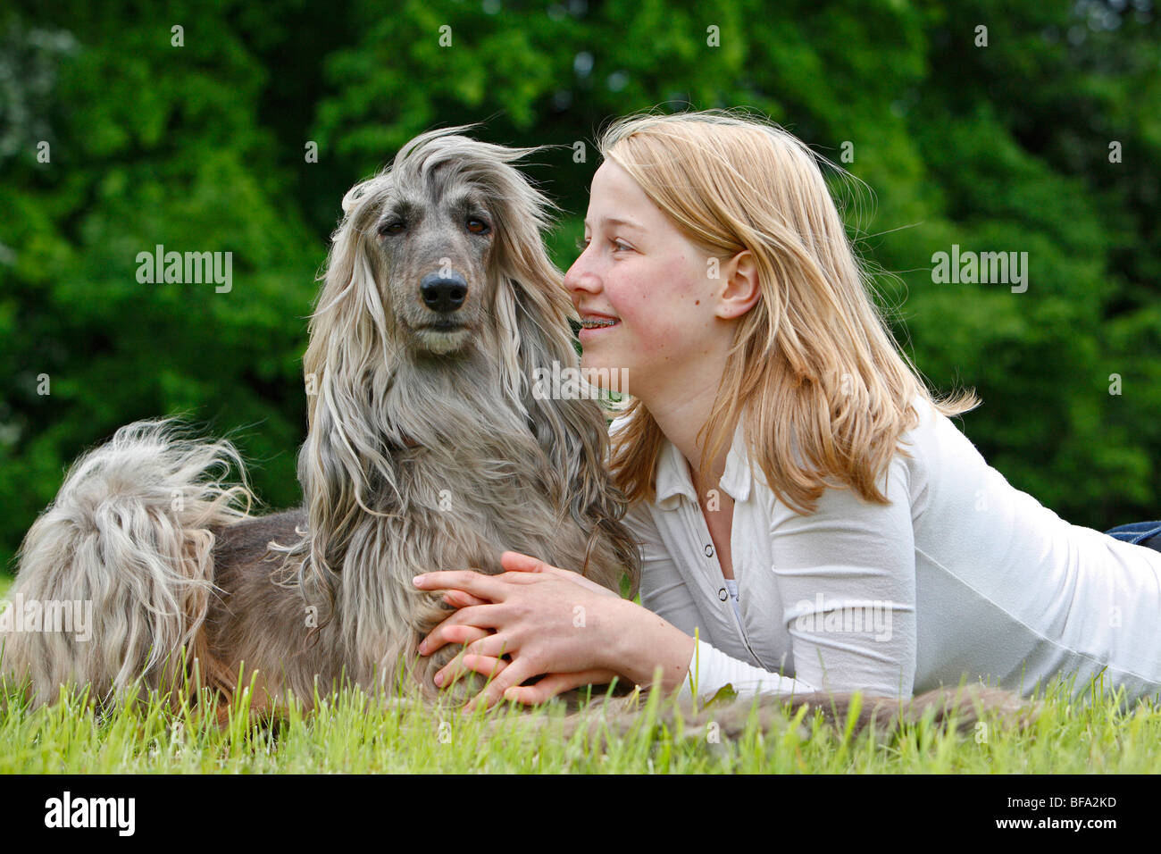 Afghanistan Hound, Afghan Hound (Canis lupus f. familiaris), girl lying in a meadow beside a dog smiling happily Stock Photo