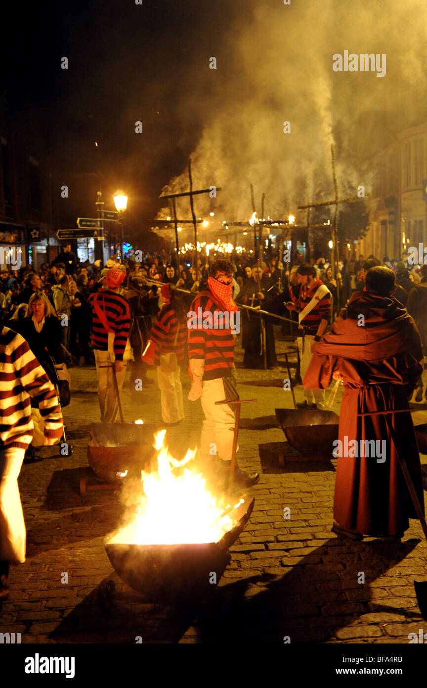 The Lewes Bonfire Night party celebrations including flaming barrel run