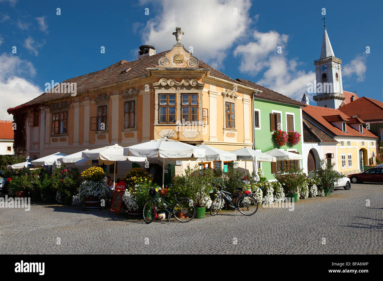 Buildings on the main square, Rust ( Hungarian: Ruszt ) on the Neusiedler See, Burgenland, Austria  Stock Photo