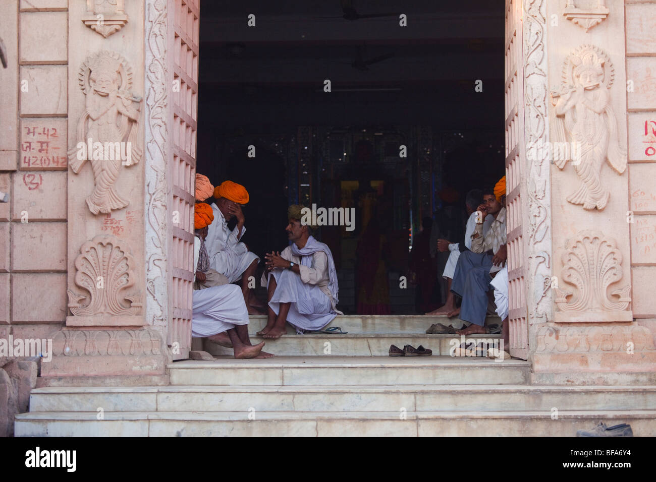 Rajputs in one of the many Hindu Temples during the Camel Fair in Pushkar India Stock Photo