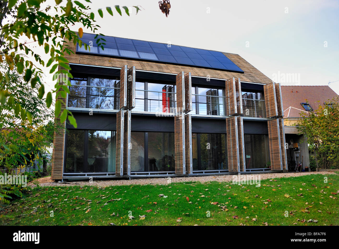 Paris, France, Green House, Solar Panels, "Passive House" "Maison Passive","eco house" outside, sustainable building, energy efficient home Stock Photo