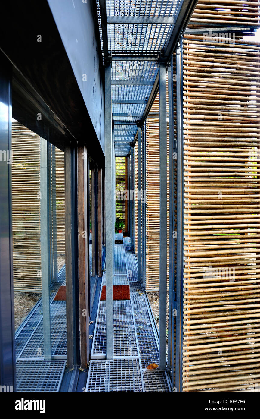 Paris, France, Green House, Passive House, Detail, Bamboo Shades outside Insulated Glass Doors, Buildings, global green economy concept, wooden house, Stock Photo