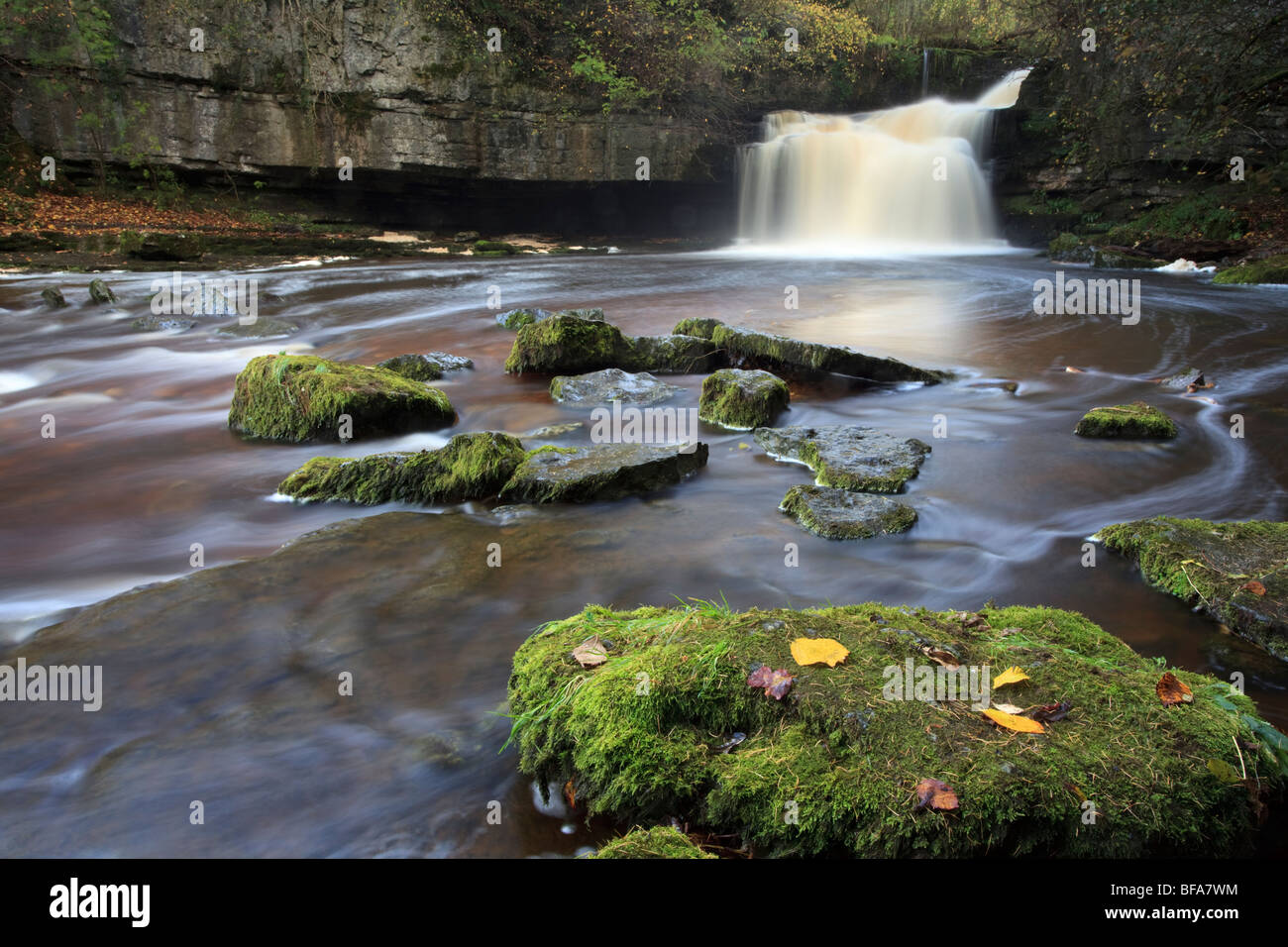 View of West Burton waterfall in a small village ot the same name in Wensleydale Yorkshire Dales National Park Stock Photo