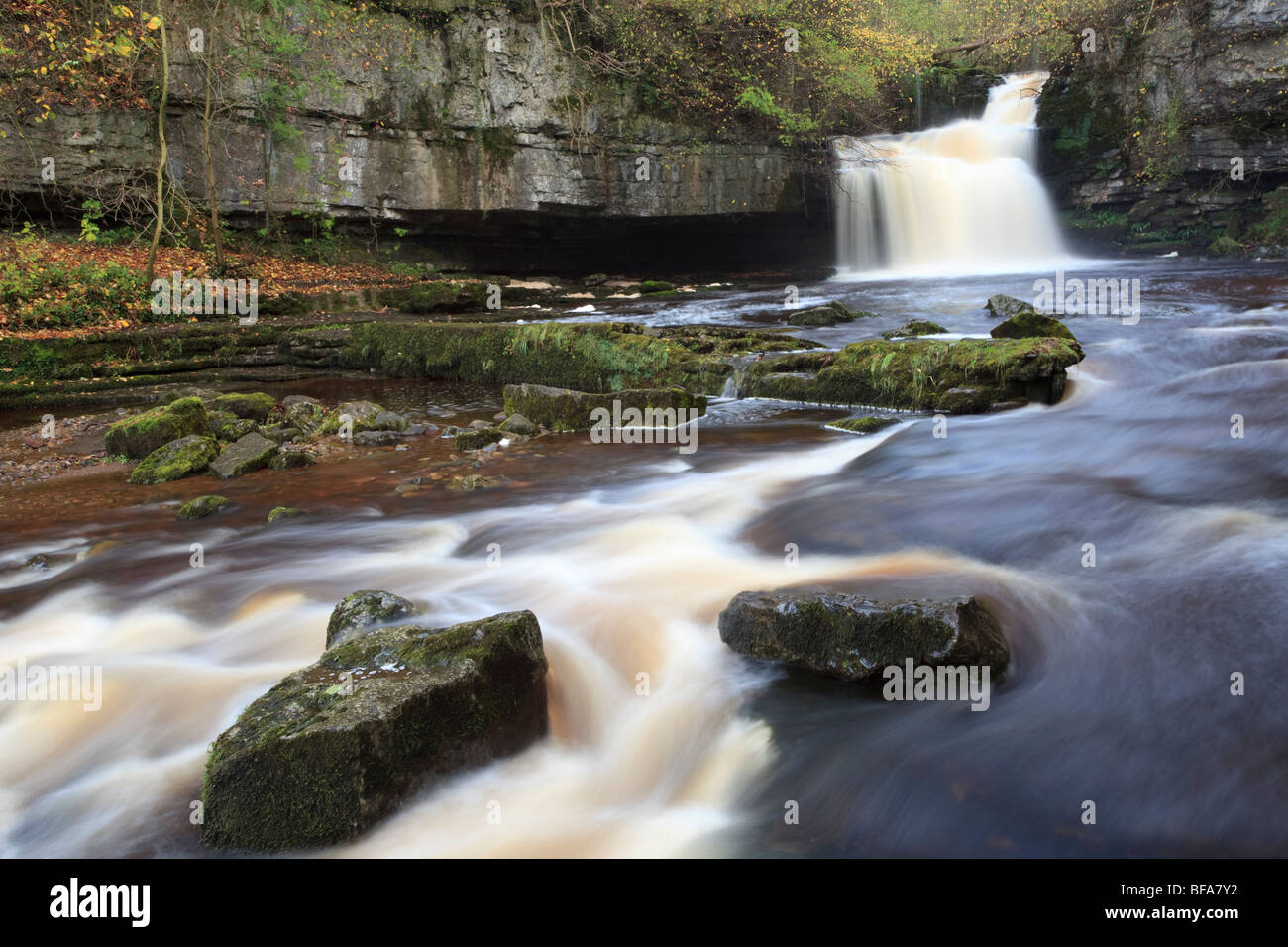 View of West Burton waterfall in a small village ot the same name in Wensleydale Yorkshire Dales National Park Stock Photo