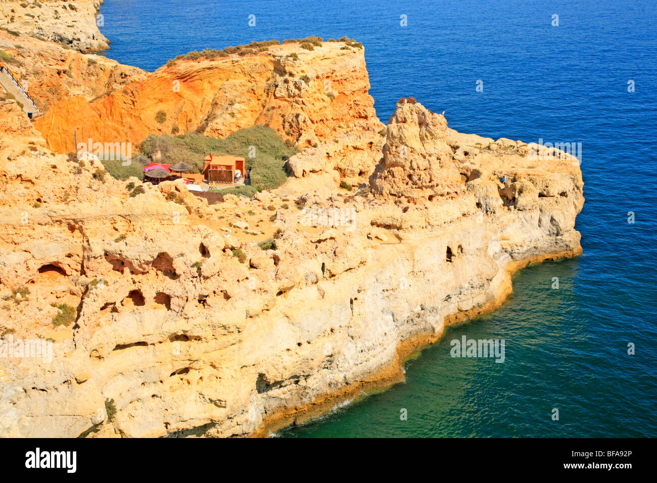 hidden café on the cliffs near Algar Seco, Algarve, Portugal Stock Photo