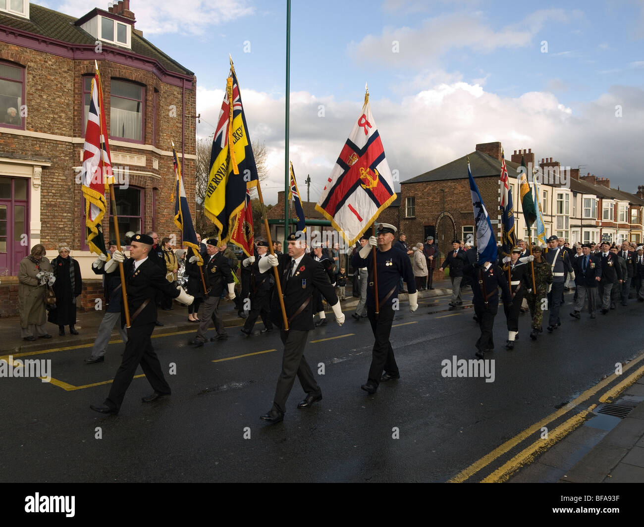 Standard Bearers leading the Remembrance day parade Redcar Cleveland UK Nov 2009 Stock Photo
