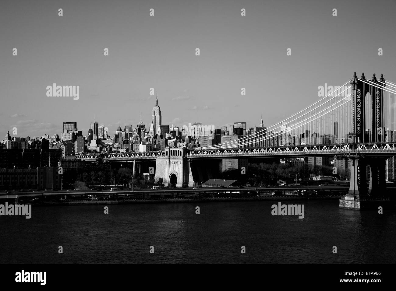 View from Brooklyn Bridge toward mid town Manhattan and Manhattan Bridge, New York, USA Stock Photo