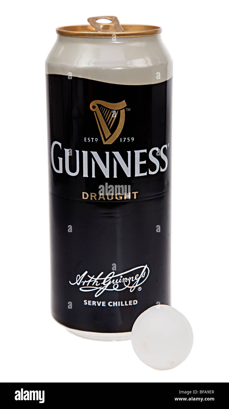 Guinness can of draught beer with plastic widget used to create head Stock Photo