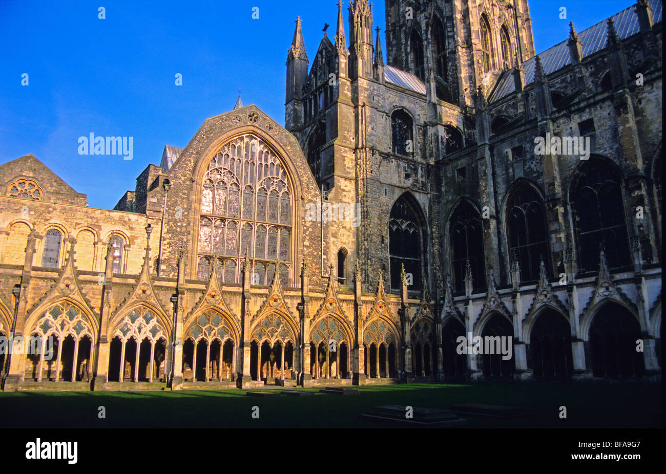 Canterbury Cathedral; cloisters and Chapter House, north west transept, north side of nave and Central Tower Stock Photo