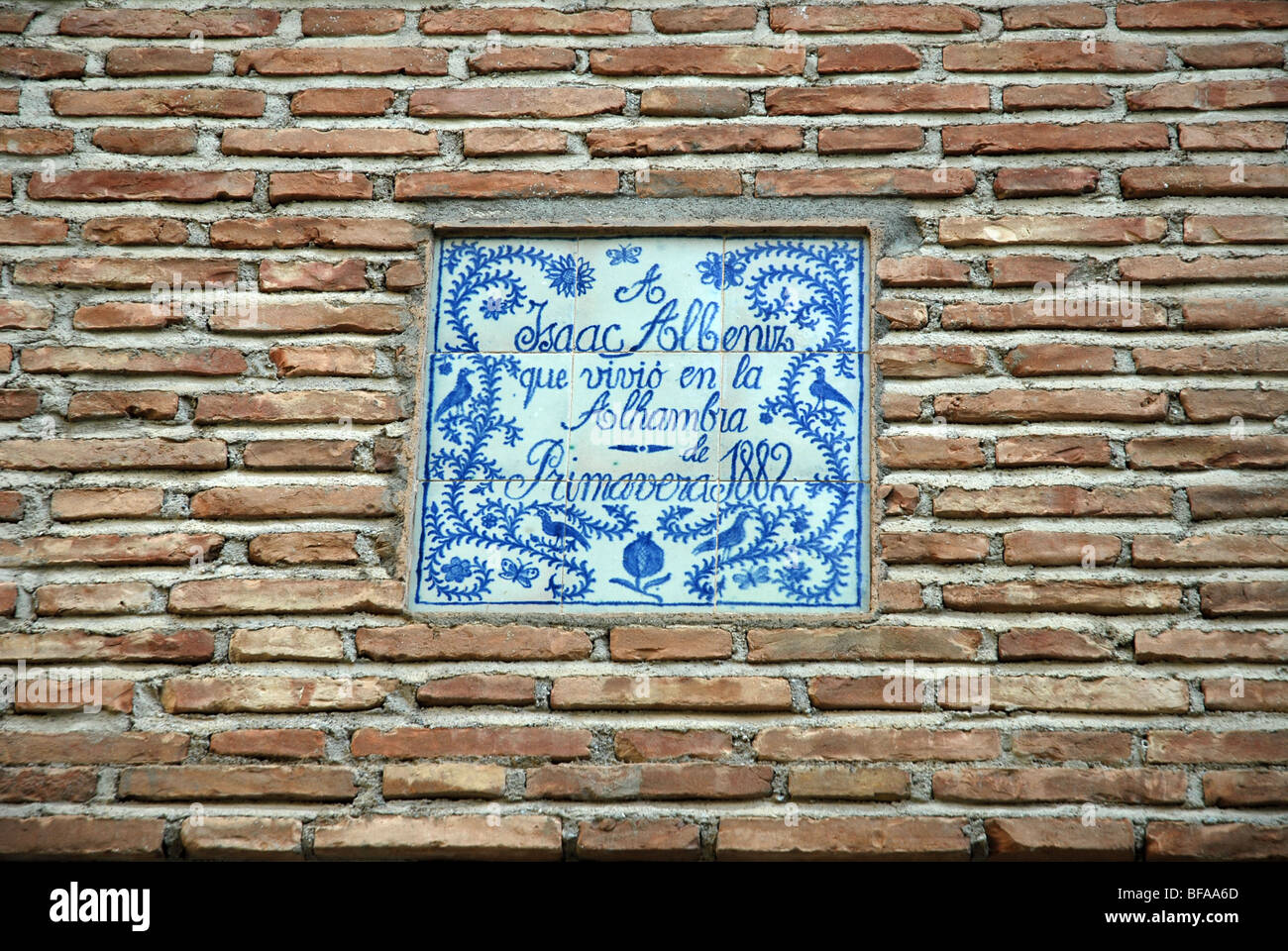 tiled wall sign in memory of Isaac Albeniz who lived in the Alhambra in Spring 1882, Alhambra, Granada, Andalusia, Spain Stock Photo