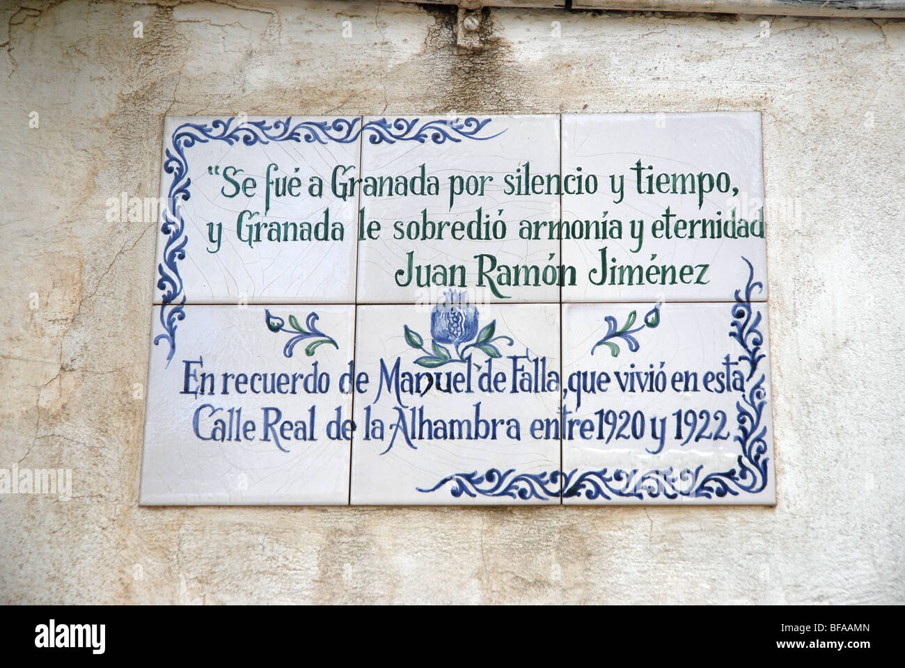 tiled wall sign in memory of Manuel de Falla who lived in Calle Real between 1920-1922, The Alhambra, Granada, Andalusia, Spain Stock Photo
