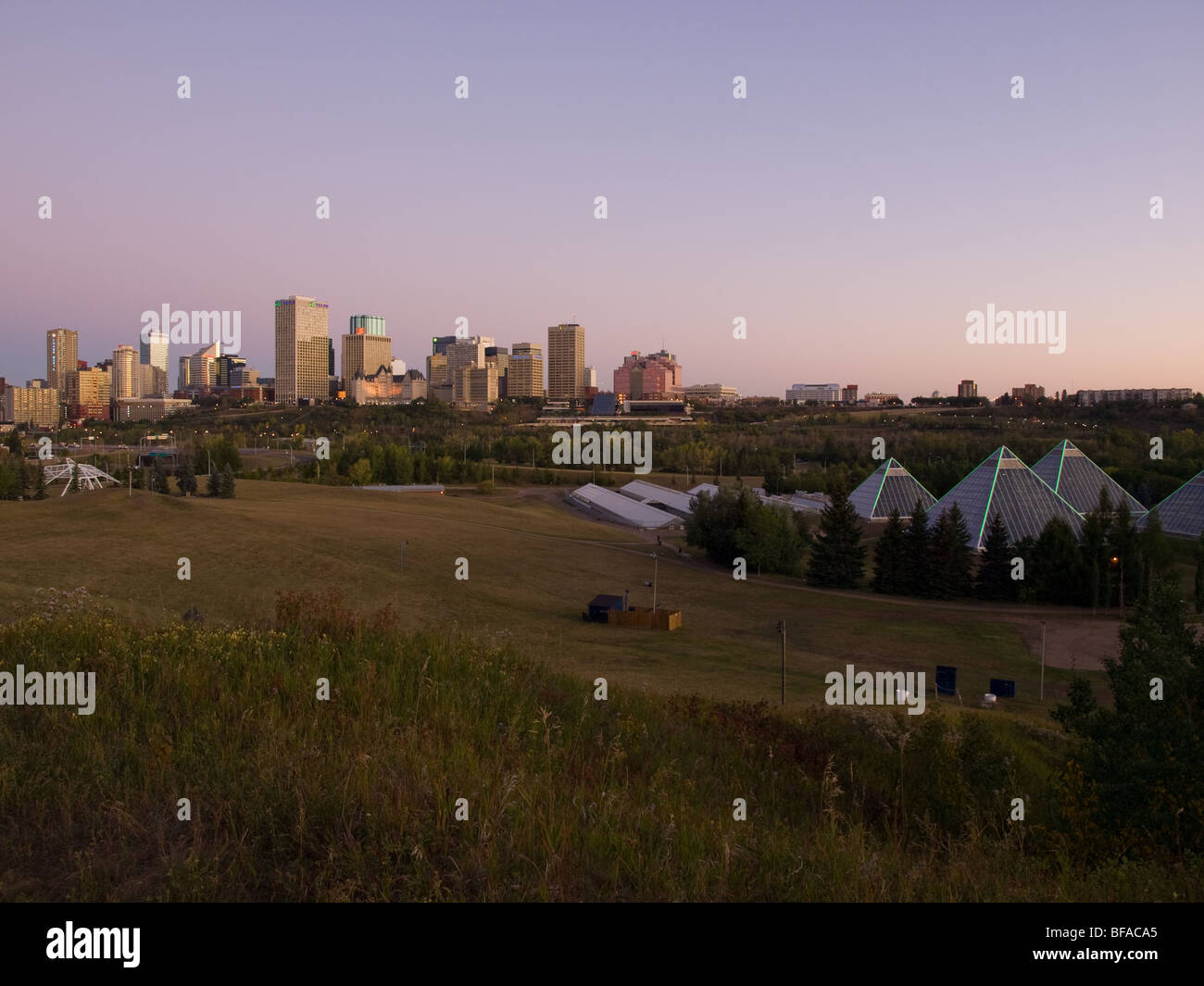 The skyline of downtown Edmonton, Alberta, Canada with the pyramids of