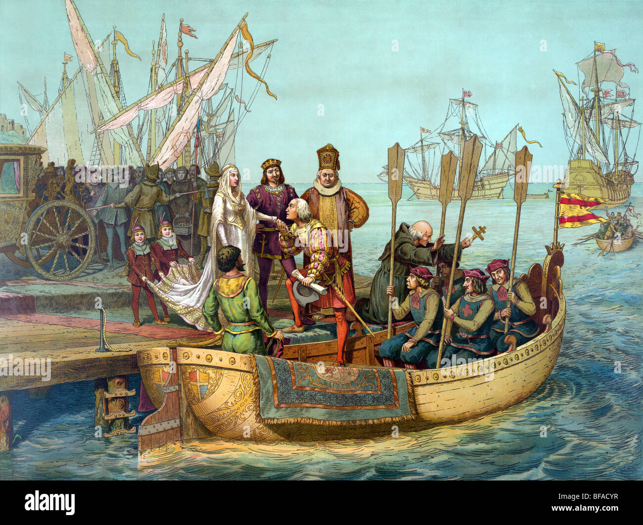 Print c1893 entitled 'The First Voyage' - Christopher Columbus bids farewell to Queen Isabella as he departs for the New World. Stock Photo