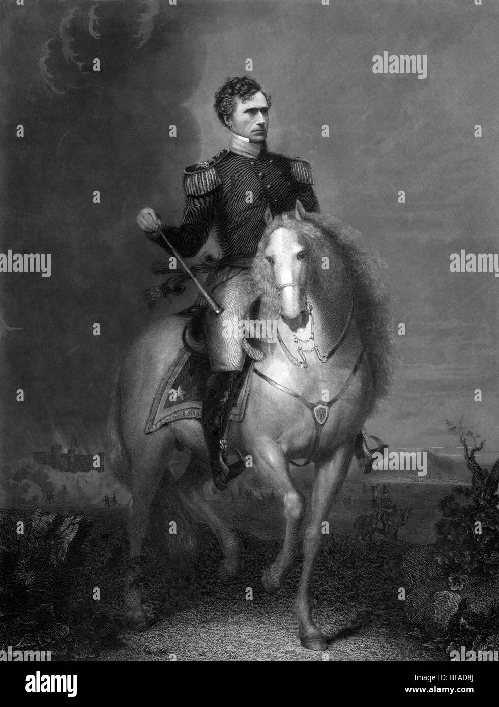 Portrait circa 1852 of Franklin Pierce as a General on horseback - Pierce (1804 - 1869) was the 14th US President (1853 - 1857). Stock Photo