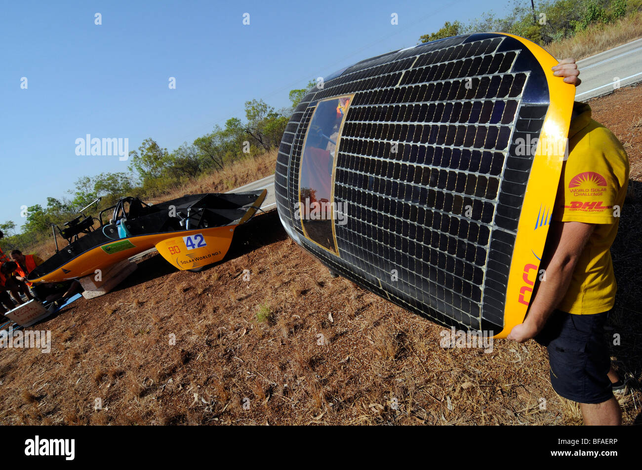 Solar racing car team charging their auto solar array. Stock Photo