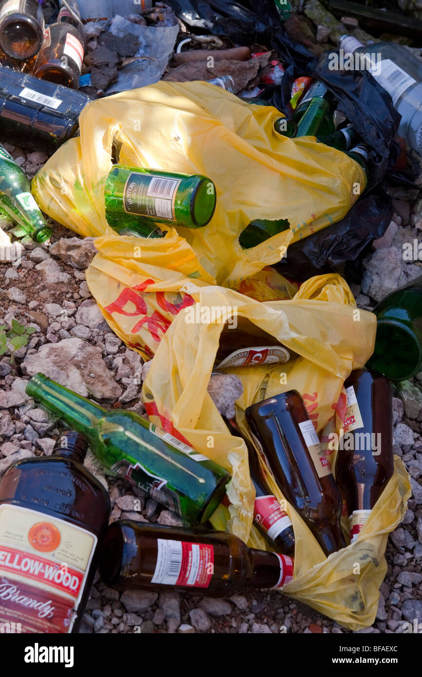Empty alcohol bottles and other litter which could be recycled. Stock Photo
