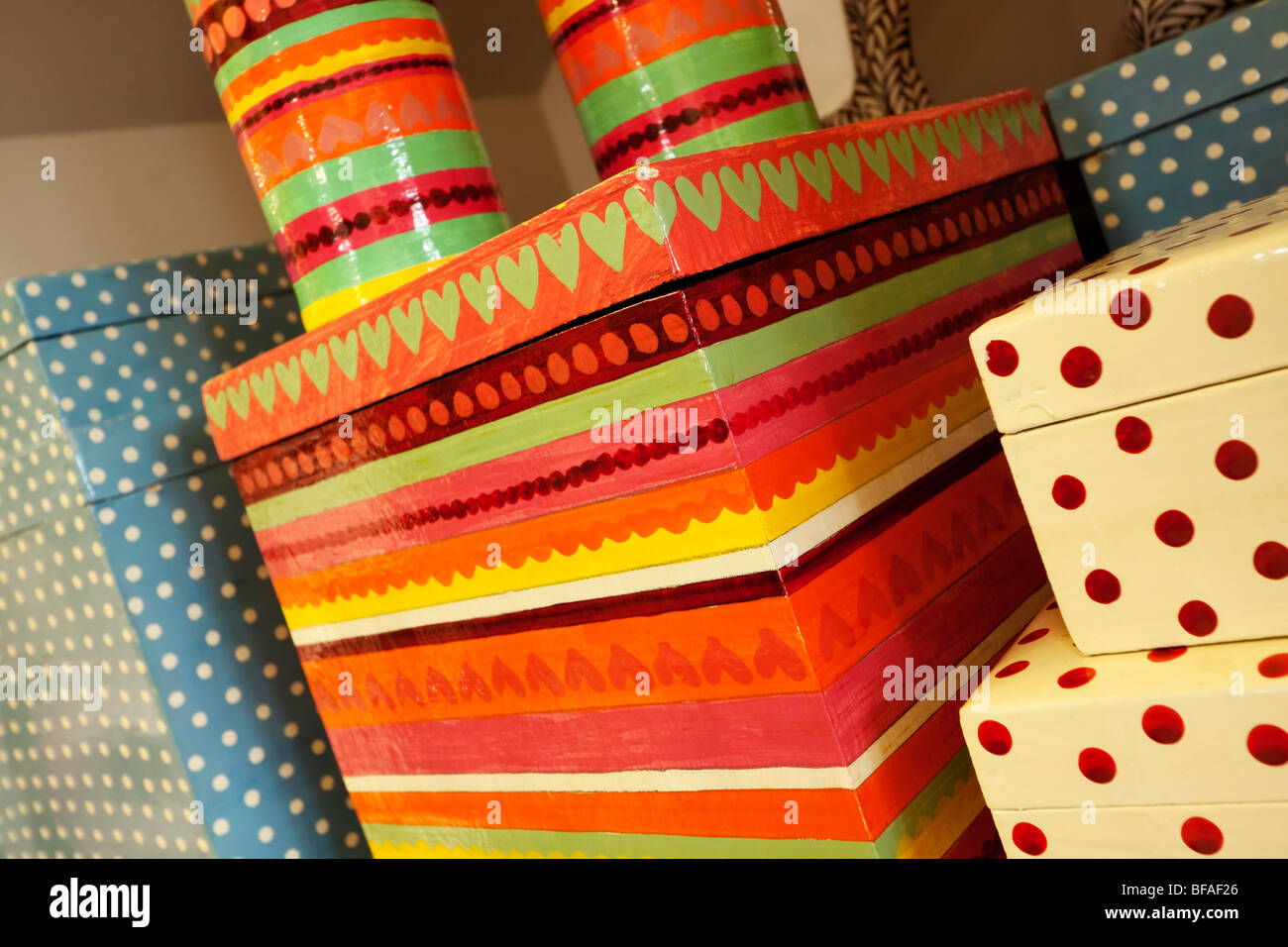 Colourful, patterned storage boxes Stock Photo