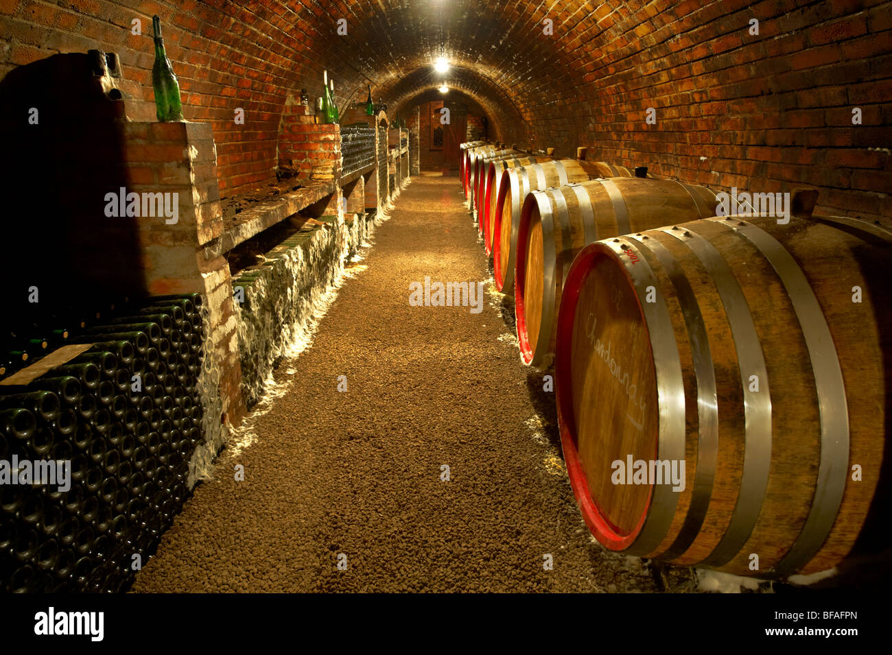 Kovacs wine cellars' wine barrels and bottles ( Kovacs Borhaz ) Hajos, Hungary; Stock Photo