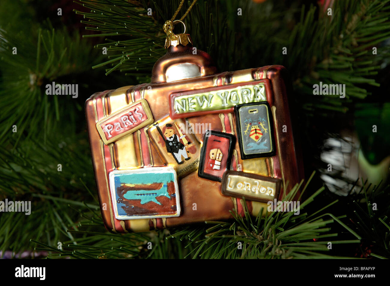 Seasonal Christmas tree decoration with motifs of Paris, New York & London Stock Photo