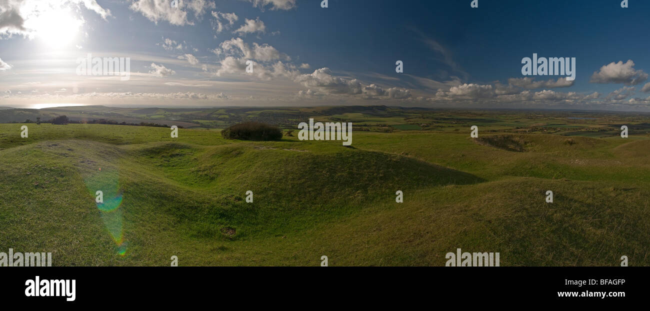 Panorama from the top of a Bronze Age Bowl Barrow on Windover Hill on the South Downs, East Sussex, UK Stock Photo