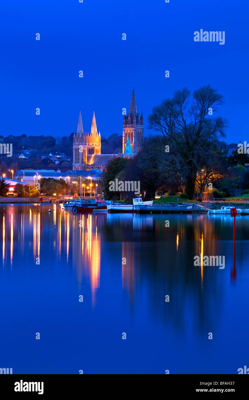 Truro Cathedral at night; from the river Fal; Cornwall Stock Photo