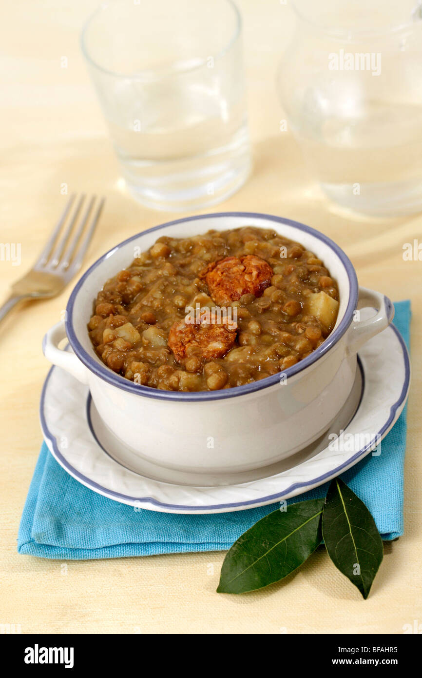 Lentils with chorizo. Recipe available Stock Photo Alamy
