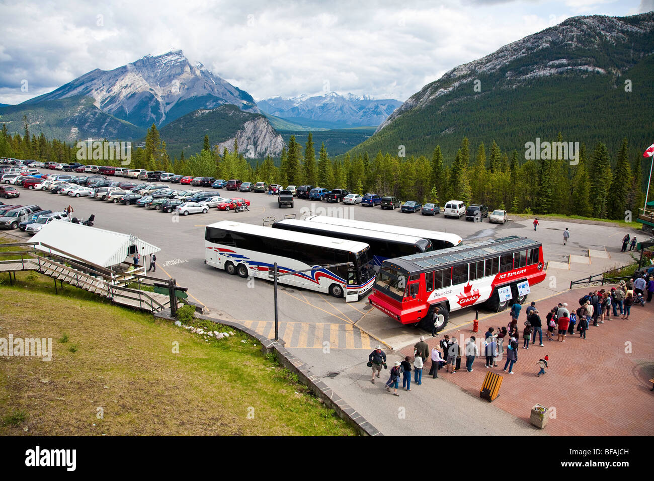 Buses in the Parking Lot at Sulphur Mountain Gondola in Banff,Albert;Canada Stock Photo