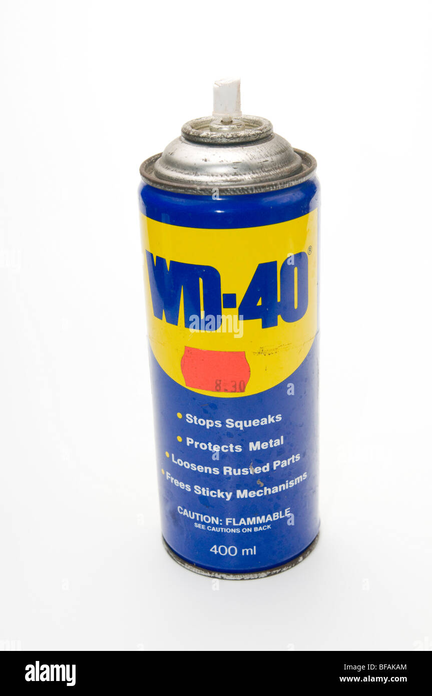 Cutout of a spry can of WD-40 oil on white background Stock Photo