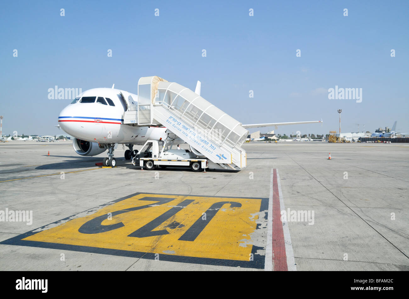 Israel, Ben-Gurion international Airport mobile stairs at an aeroplane's door Stock Photo