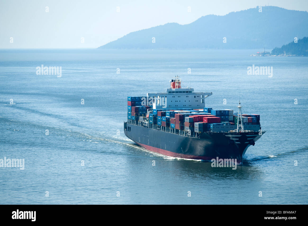 aerial view of container ship arriving at vancouver port Stock Photo
