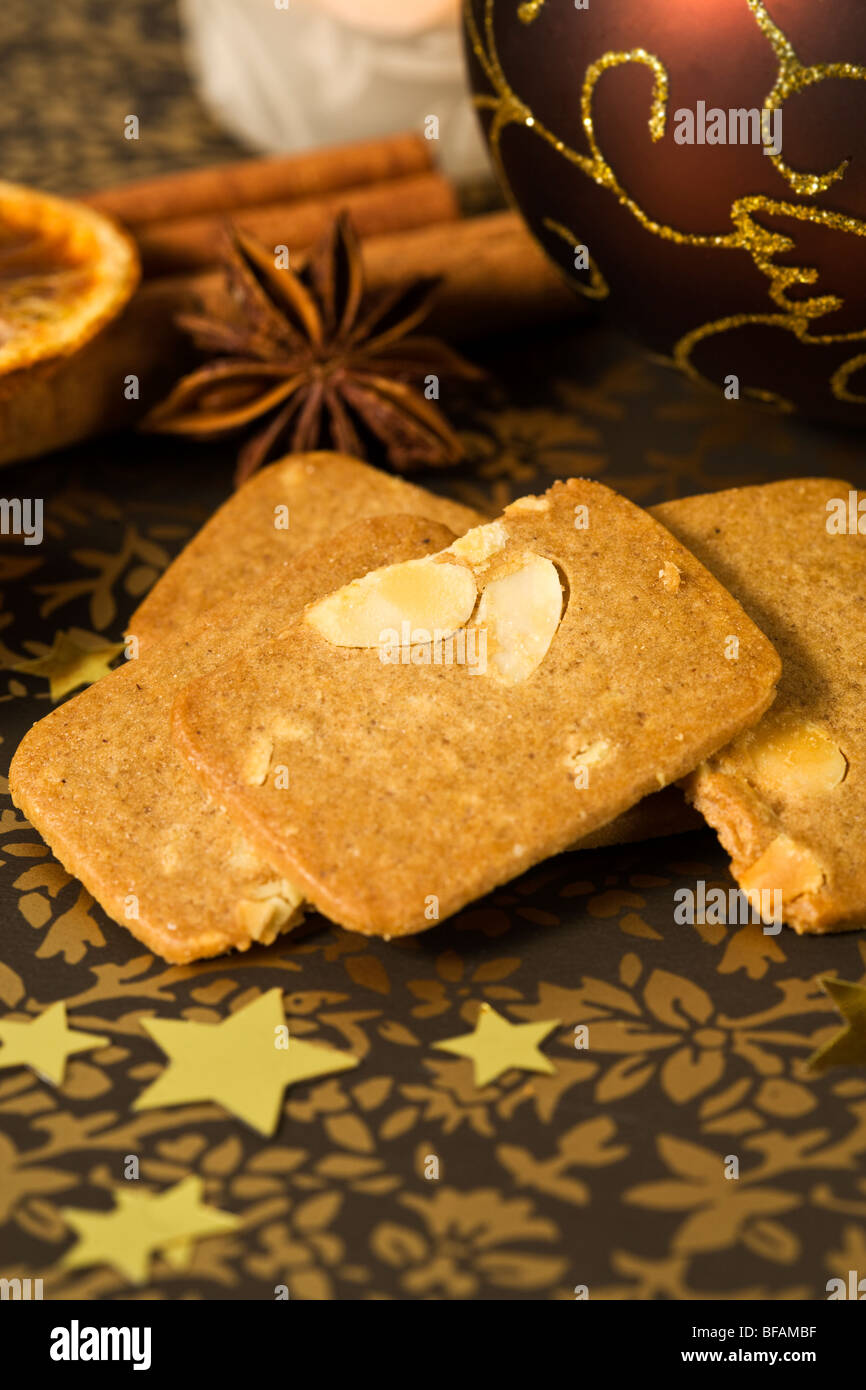 german mandelbrot cookies and christmas decoration Stock Photo