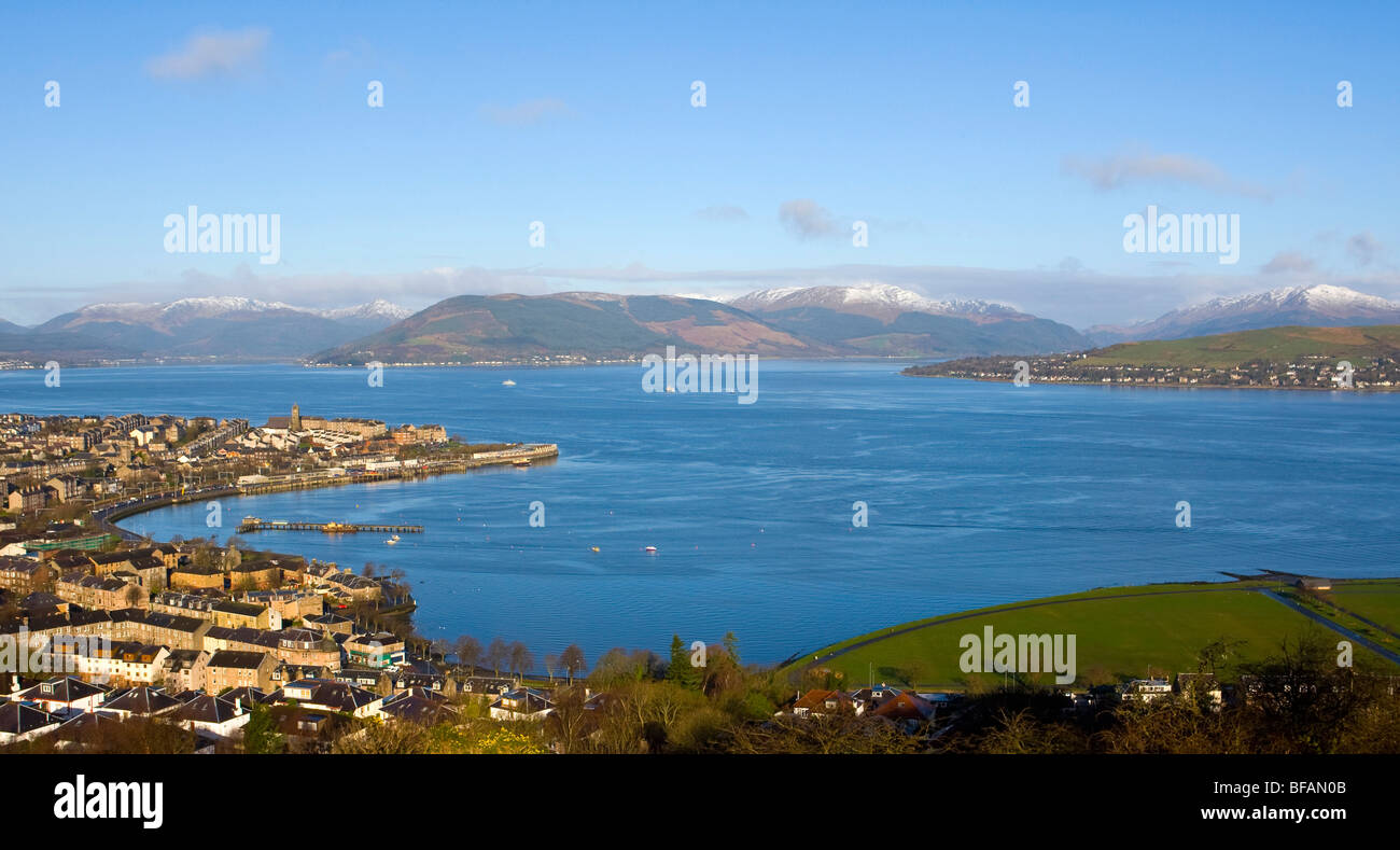 Early morning view over Gourock from well known Greenock beauty spot with the river Clyde and argyle hills in the background. Stock Photo
