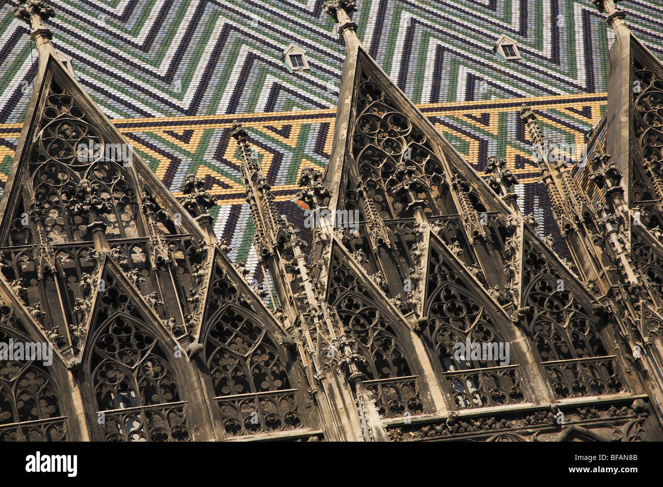 Detail of the roof and windows of the St Stephen's Cathedral (the Stephansdom),  Vienna, Wien, Austria Stock Photo