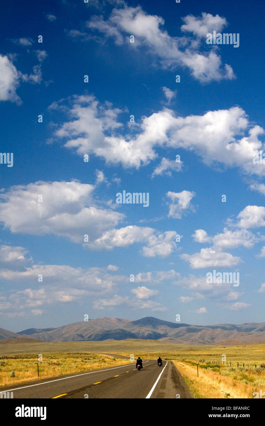 Motorcycling along US Highway 20 near Arco, Idaho, USA. Stock Photo
