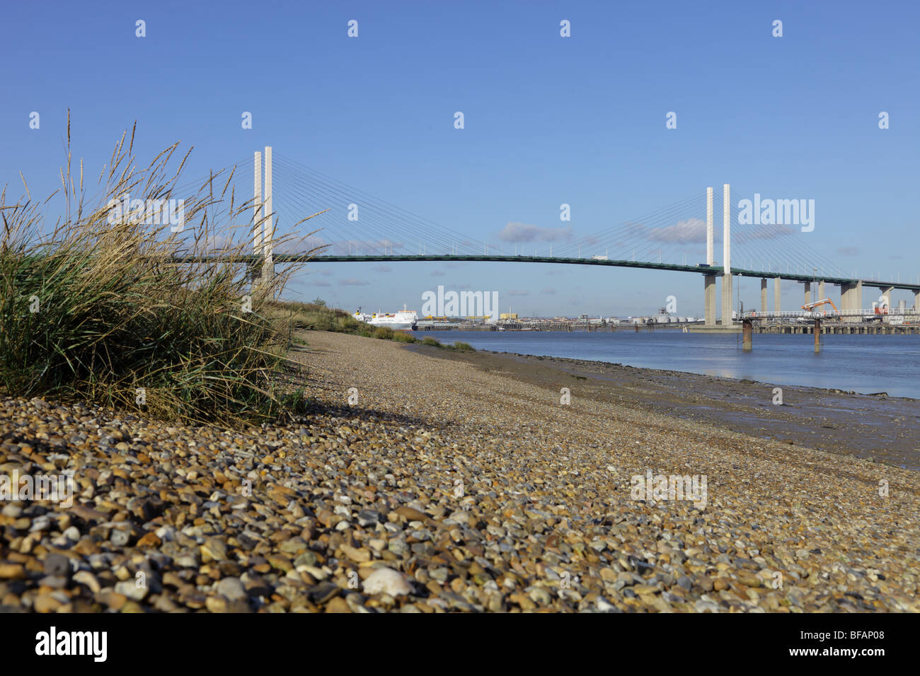 The Queen Elizabeth Bridge over the river Thames at Dartford, photographed from the Kent shore Stock Photo