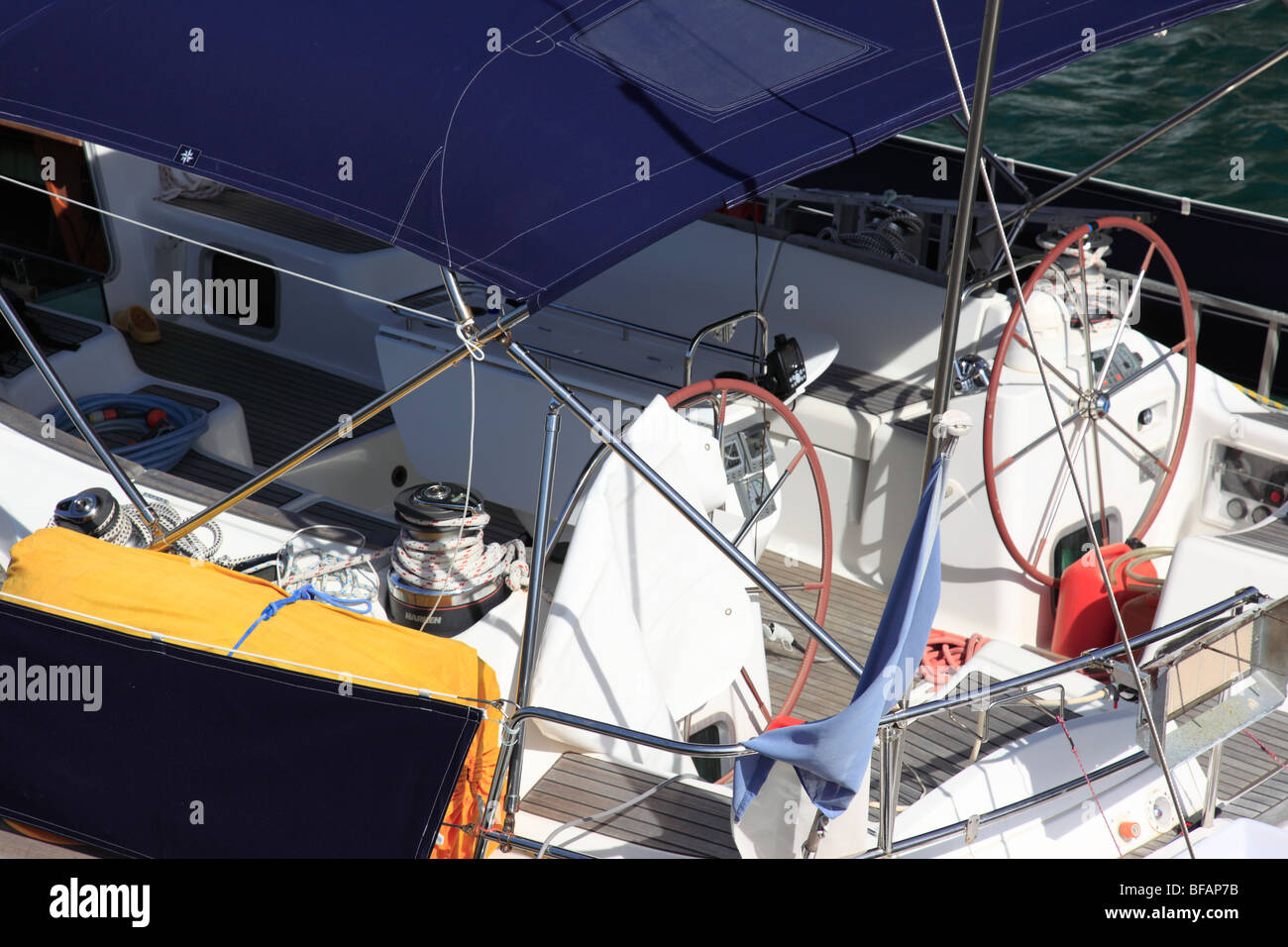 deck and two steering wheels of a sailboat of a luxury ship. Photo by