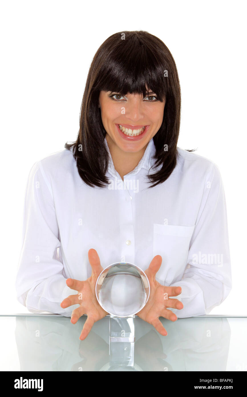 business woman as a fortune teller with crystal ball Stock Photo Alamy