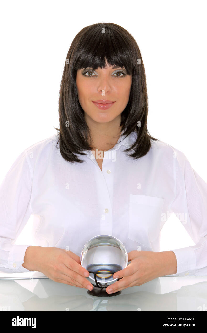 business woman as a fortune teller with crystal ball Stock Photo Alamy