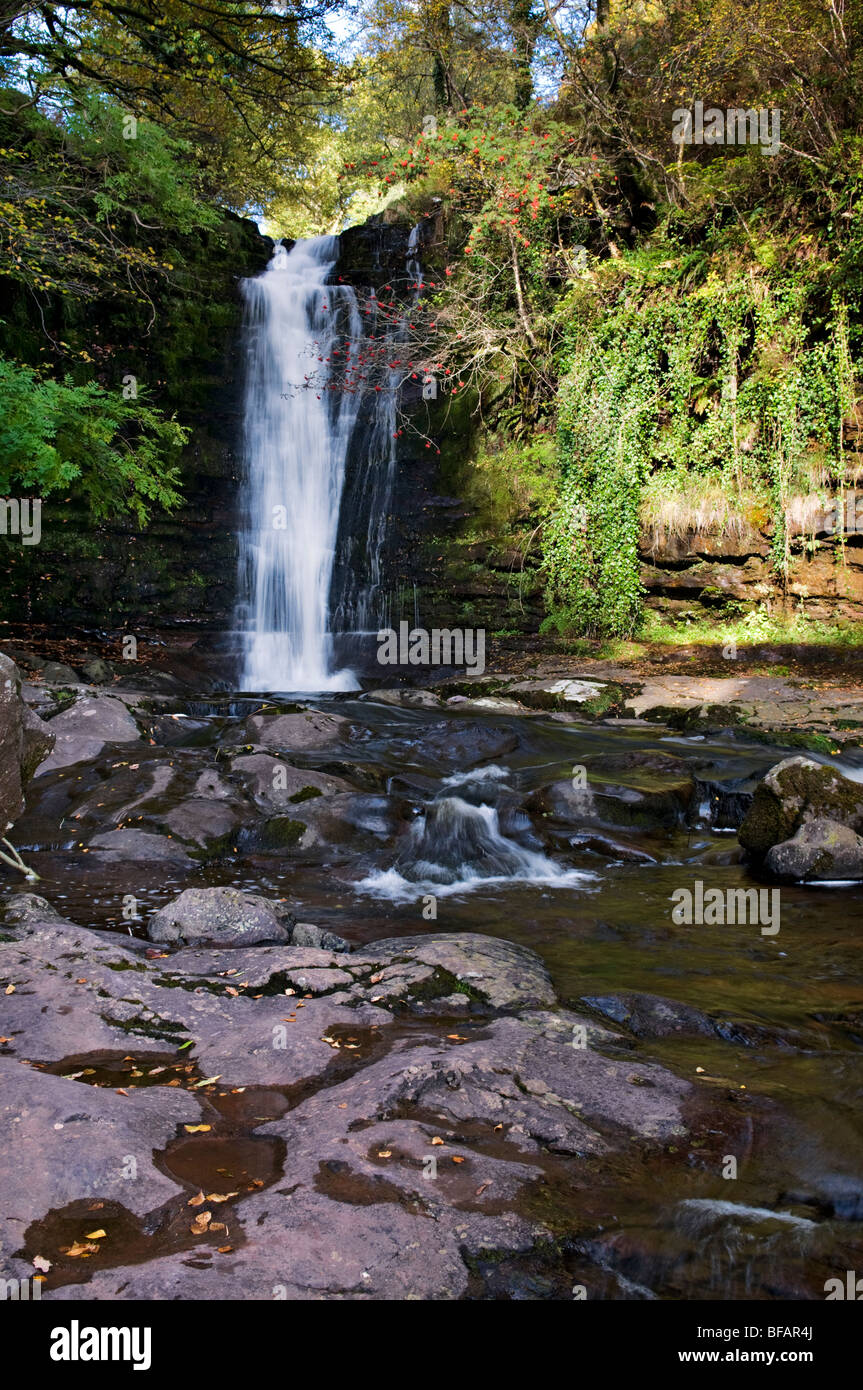 Waterfalls near Abercynafon at Brecon Beacons in mid Wales taken on bright sunny day Stock Photo